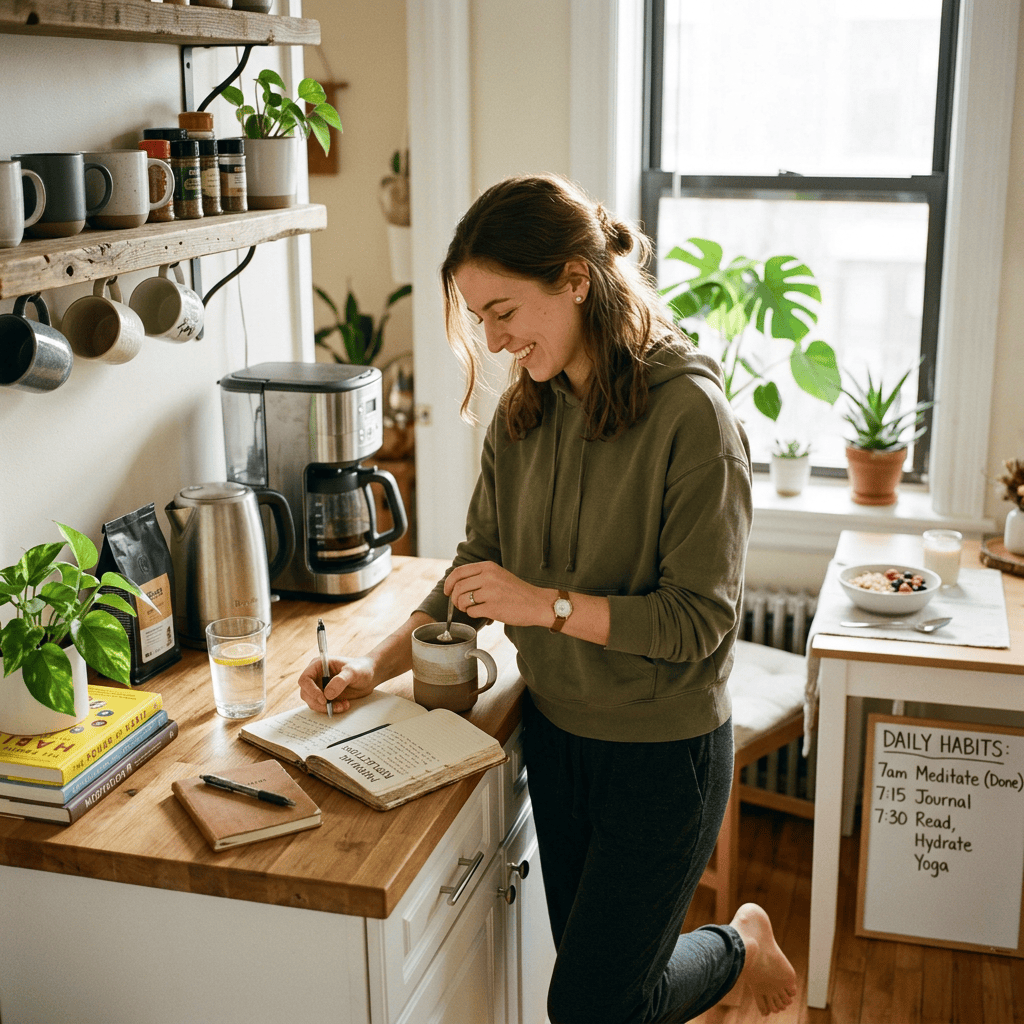 Woman journaling beside coffee in a bright kitchen