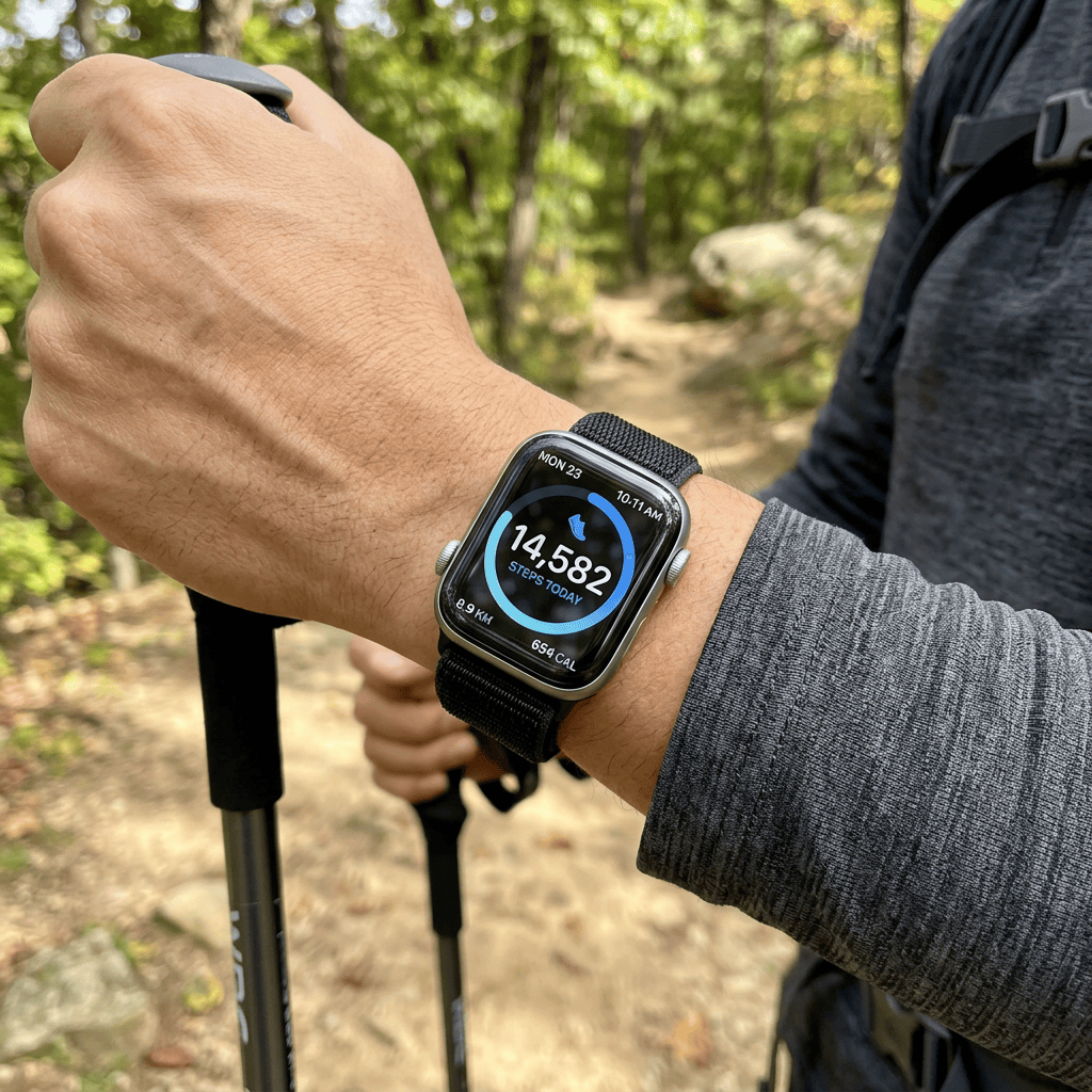 Smartwatch displays MON 23, 10:11 AM, 14,582 steps, 9.9 MI, and 659 CAL.