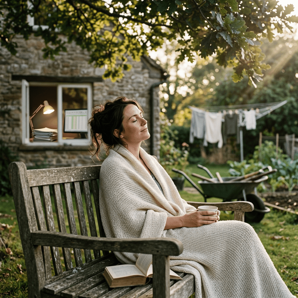 Woman wrapped in a blanket holding tea beside an open book in a garden